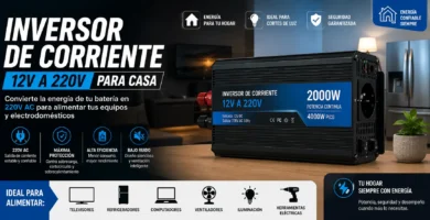 Inversor de corriente para casa de 12V a 220V ideal para alimentar televisores, refrigeradores, computadores, iluminación y equipos eléctricos durante cortes de energía.