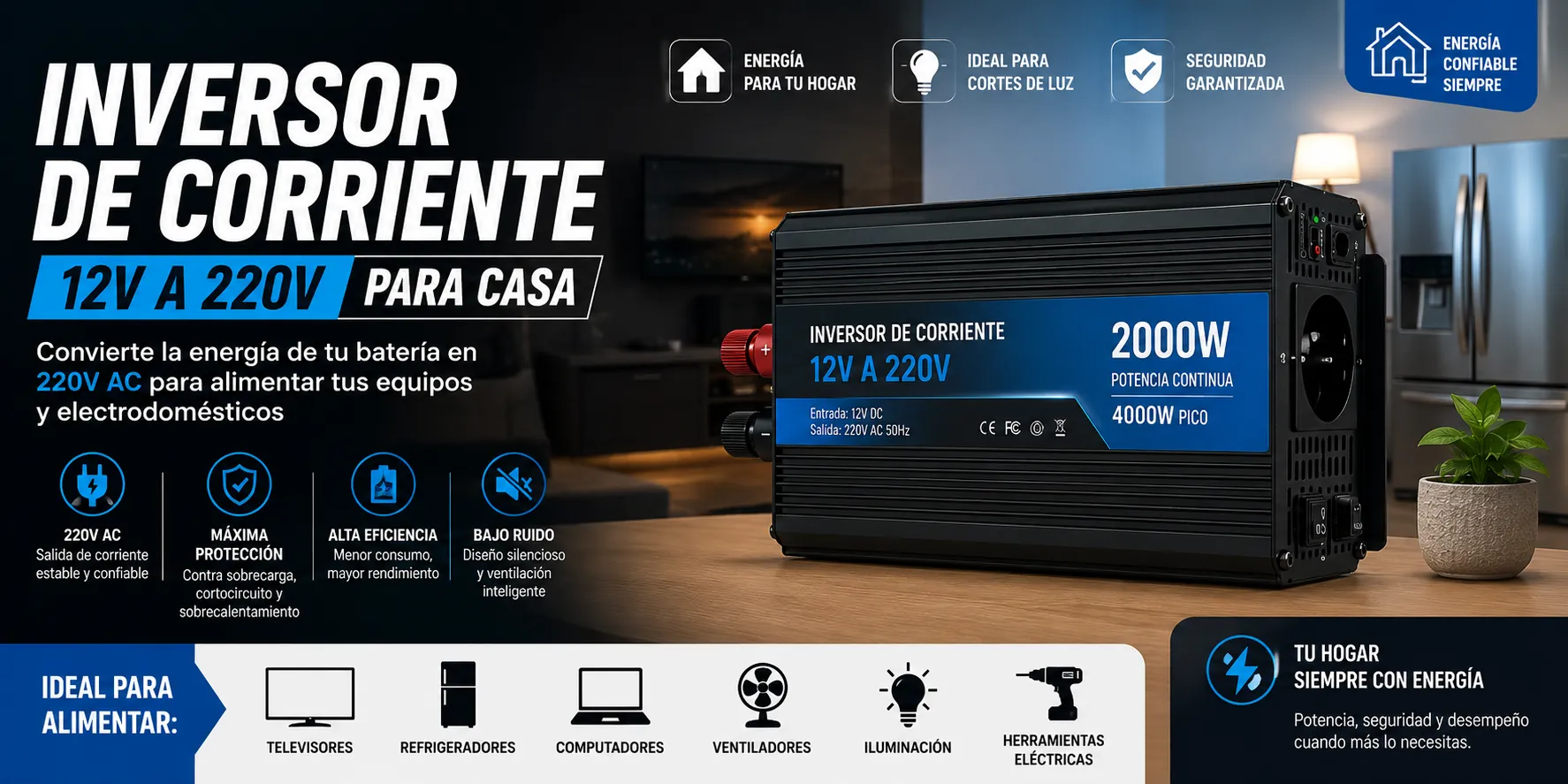 Inversor de corriente para casa 12V a 220V utilizado como respaldo eléctrico para televisores, refrigeradores, computadores e iluminación