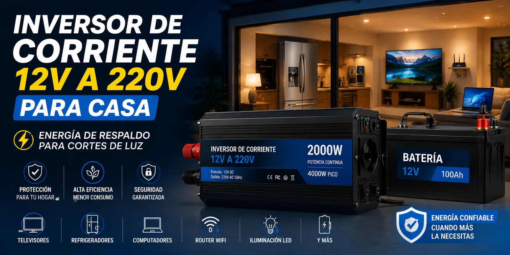 Inversor de Corriente 12V a 220V para Casa conectado a una batería de 12V como respaldo eléctrico para el hogar