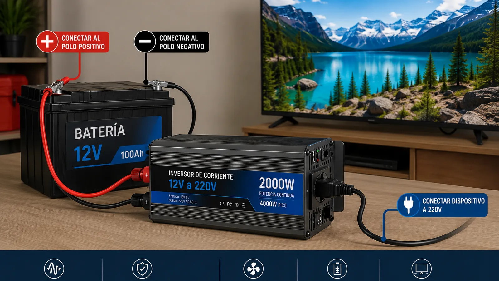 Inversor de corriente 12V a 220V conectado a una batería de 12 voltios y alimentando un televisor encendido
