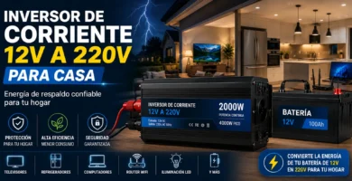 Inversor de Corriente 12V a 220V para Casa conectado a una batería de 12V para alimentar televisores, refrigeradores, computadores, router WiFi e iluminación durante cortes de luz.