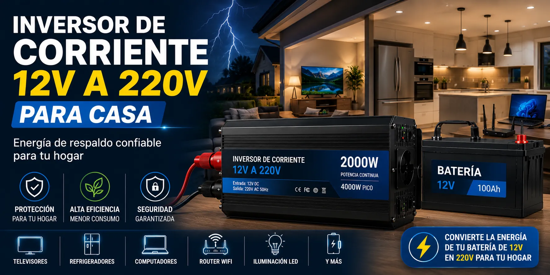Usos de un Inversor de Corriente 12V a 220V para Casa alimentando televisión, refrigerador, computador, router WiFi e iluminación LED